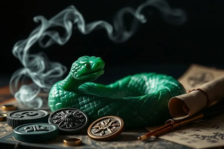 Figura de serpiente de jade pulido, parcialmente oculta por la niebla, rodeada de herramientas de adivinación chinas, simbolizando aspectos ocultos y la sabiduría enigmática.