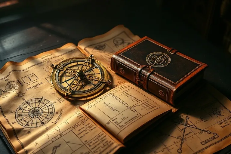 Fotografía cinematográfica de un astrolabio antiguo sobre un mapa de pergamino, con un libro de cálculos astrológicos.