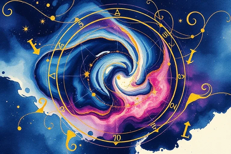 Pintura abstracta en acuarela con tonos índigo, violeta y dorado, que representa energías cósmicas y patrones numéricos.