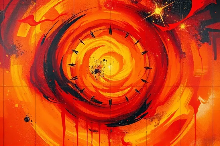 Pintura al óleo abstracta con remolinos de rojos, naranjas y amarillos vibrantes, con trazos angulares que sugieren energía cruda y movimiento dinámico.