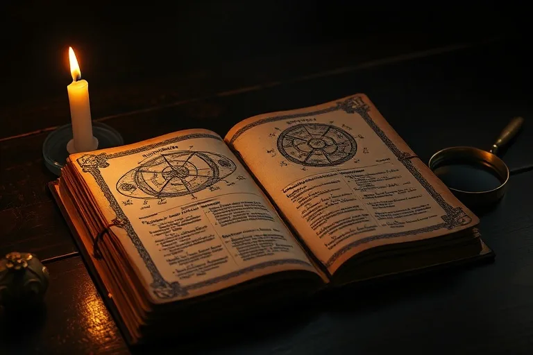 Diario antiguo de cuero abierto con símbolos astrológicos dibujados y notas crípticas, iluminado por una vela parpadeante, con una lupa al lado.