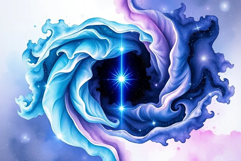 Pintura abstracta de acuarela con dos masas de color, una clara y una oscura, entrelazadas pero distintas, conectadas por un hilo luminoso.