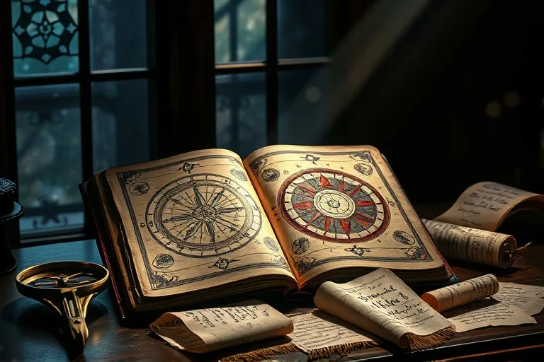 Un antiguo libro de astrología abierto sobre un escritorio de madera, con un compás y notas manuscritas, bajo una luz de luna dramática.