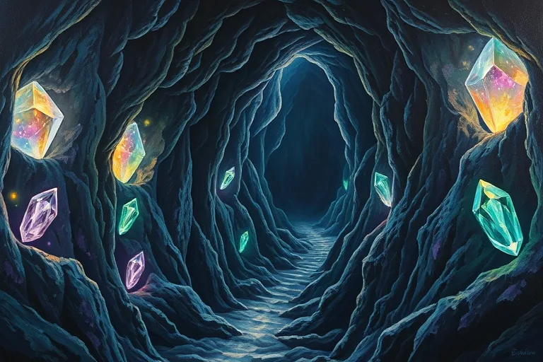 Una pintura al óleo de una cueva subterránea laberíntica con cristales etéreos que brillan en las paredes y un camino sinuoso que se pierde en la oscuridad.