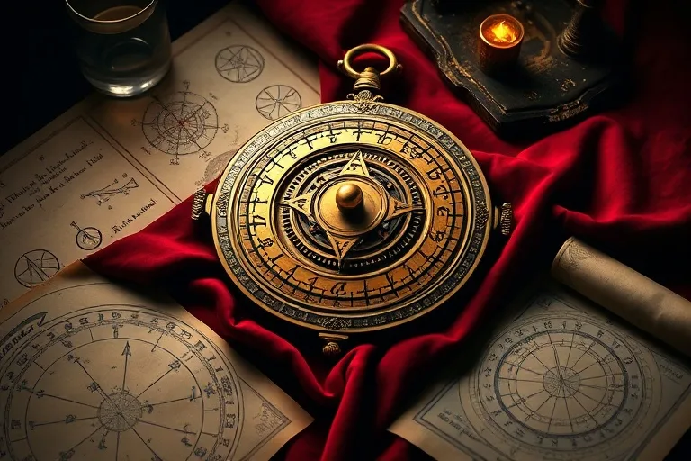 Fotografía macro de un astrolabe antiguo sobre terciopelo, rodeado de cartas astrológicas y pergaminos, con luz dramática.