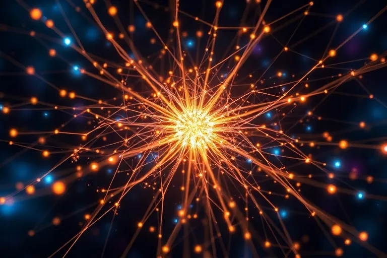 Arte conceptual abstracto de una red de hilos luminosos interconectados, con una sección densamente brillante que simboliza el enfoque.