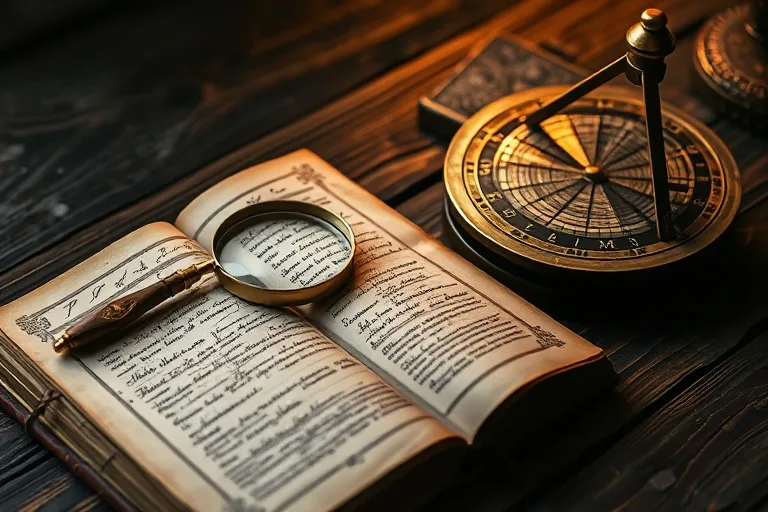 Diario antiguo con símbolos astrológicos y de sueños, lupa y astrolabio, fotografía de bodegón cinematográfico.