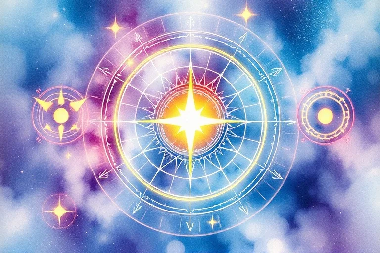 Pintura abstracta de acuarela con colores cósmicos, órbitas planetarias translúcidas y una estrella luminosa, evocando conexión espiritual.
