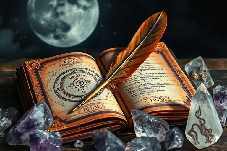 Detalle de un diario de sueños antiguo con símbolos astrológicos, una pluma y cristales bajo la luz de la luna.