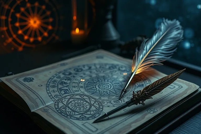 Diario de sueños abierto con símbolos brillantes y pluma antigua