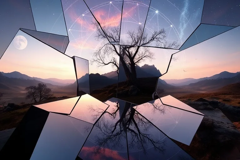 Arte abstracto de un espejo fragmentado que refleja un paisaje distorsionado pero hermoso de la mente subconsciente. Formas geométricas y líneas fluidas se fusionan con elementos orgánicos, representando revelaciones ocultas y crecimiento personal. Colores pastel suaves y tonos tierra profundos con sutiles acentos metálicos.