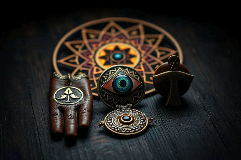 Fotografía de bodegón cinematográfico de varios amuletos y talismanes, incluyendo una Mano de Fátima, un Ojo Turco y un Ankh, sobre madera oscura.