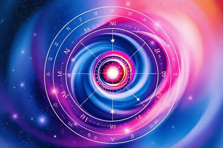 Pintura abstracta en acuarela con colores cósmicos que se mezclan, con destellos sutiles de estrellas y un resplandor etéreo central.