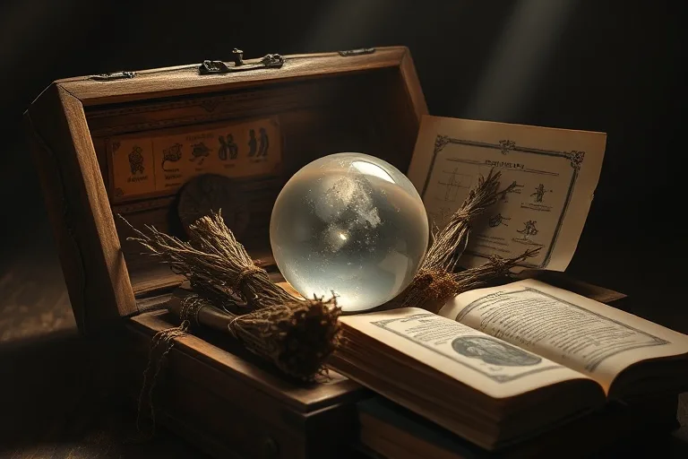 Cinematic still life de una caja de madera vintage con herramientas esotéricas, incluyendo una bola de cristal, hierbas secas y un libro antiguo, bajo una luz dramática.