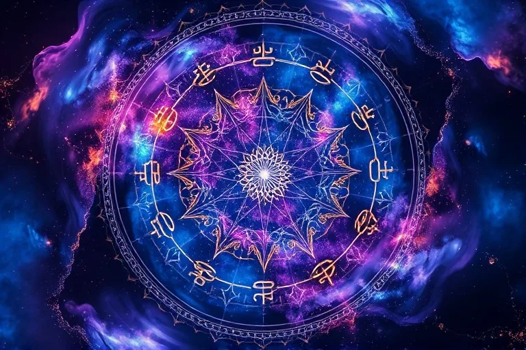 Abstract conceptual art de un vórtice cósmico con símbolos antiguos etéreos, en tonos de azul, púrpura y oro, representando la sabiduría universal.