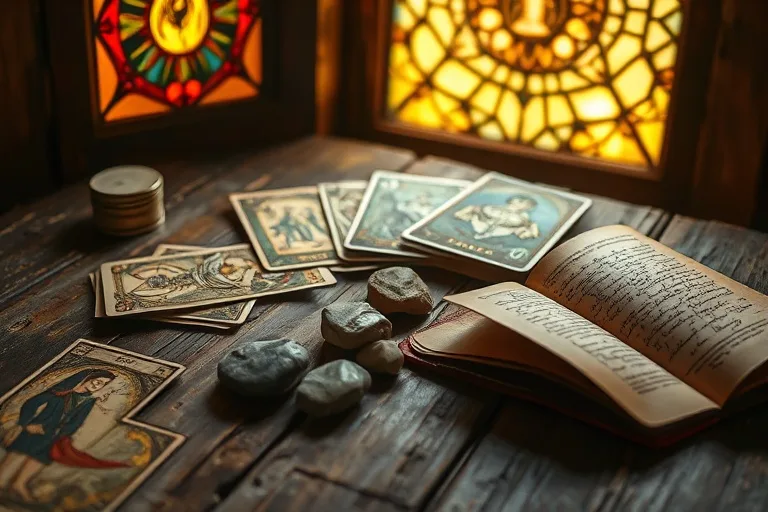 Fotografía macro de una mesa de madera antigua con cartas de tarot, piedras de río pulidas y un diario de cuero abierto, iluminado por una luz cálida.