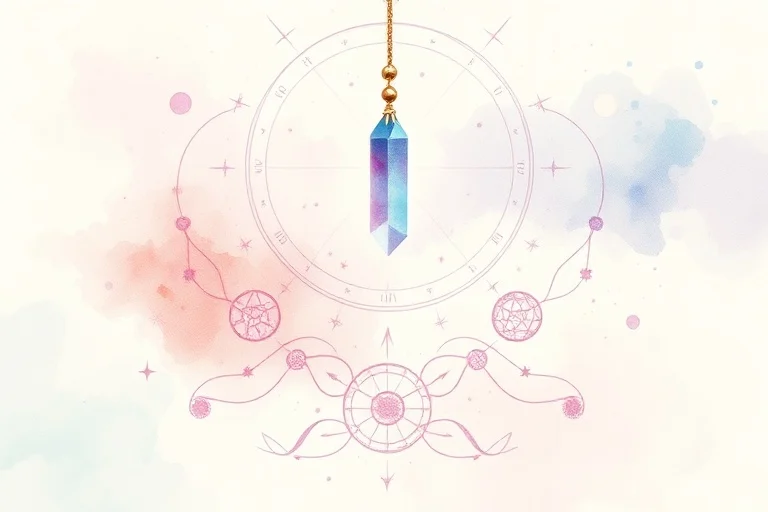 Pintura abstracta en acuarela de un péndulo con punta de cristal brillante, suspendido sobre símbolos y formas abstractas de colores pastel, evocando intuición y conocimiento oculto.