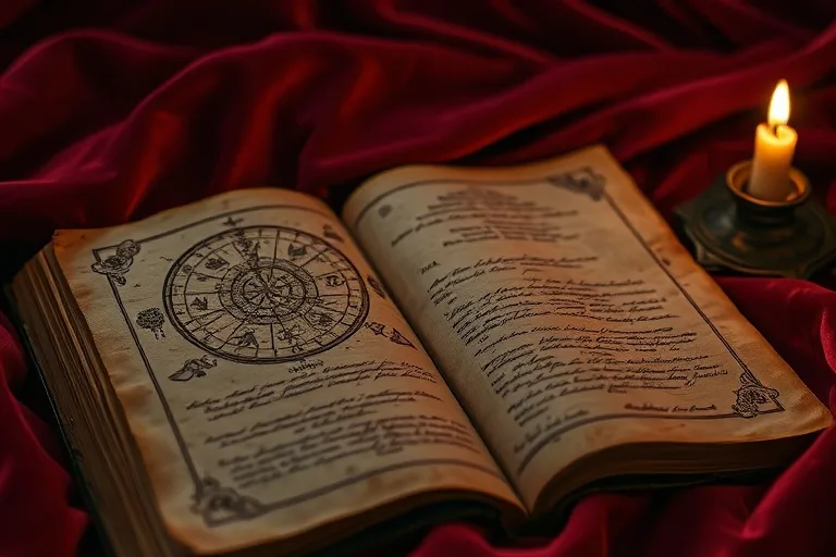 Imagen de un diario antiguo con dibujos esotéricos y escritura desvanecida, sobre tela de terciopelo, iluminado por una vela, simbolizando el conocimiento oculto de vidas pasadas.