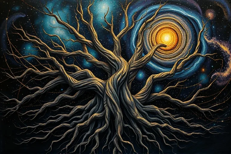 Pintura al óleo abstracta de raíces de árbol entrelazadas que se extienden hacia un espacio estrellado, con hilos dorados que simbolizan conexiones kármicas y talentos latentes.