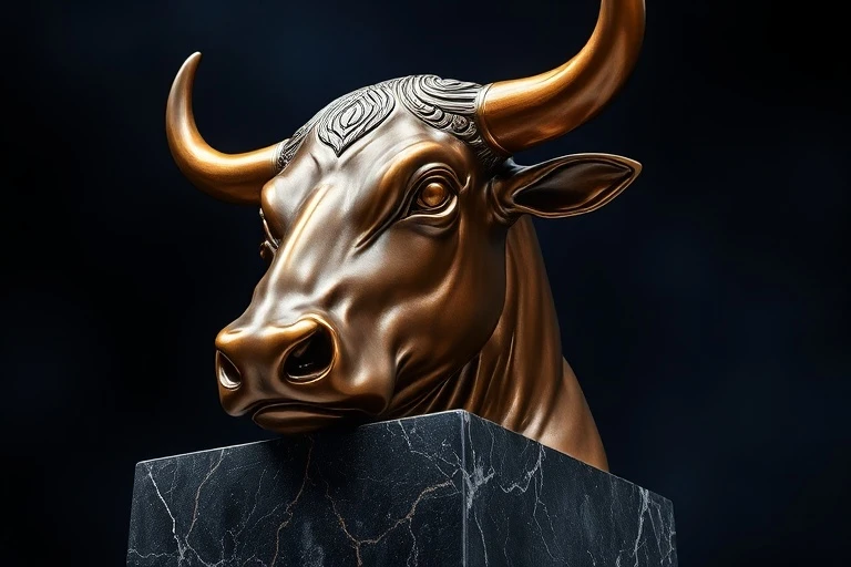 Escultura de bronce pulido de una cabeza de toro sobre un pedestal de mármol oscuro. Representa fuerza, determinación y solidez.