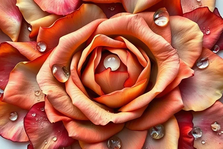 Pintura de acuarela de pétalos de rosa rociados con rocío, en tonos tierra. Evoca sensualidad delicada y crecimiento natural.