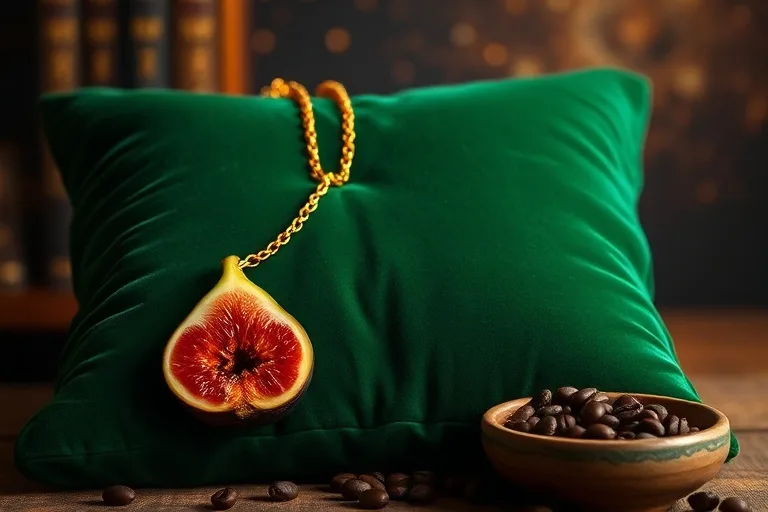 Fotografía de bodegón de un cojín de terciopelo verde esmeralda con una cadena de oro y un higo maduro, con un cuenco de cerámica y granos de café al fondo.