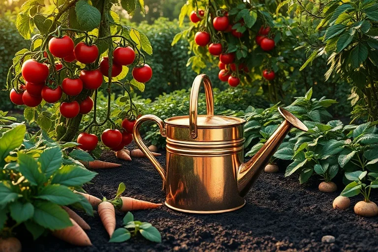 Render 3D de un jardín meticulosamente organizado con plantas verdes, tomates y verduras de raíz, con una regadera ornamentada.