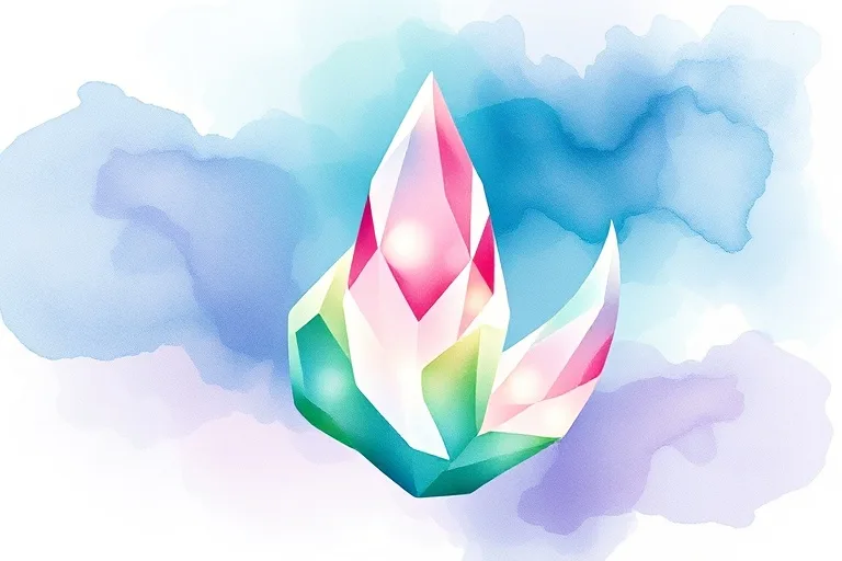 Pintura abstracta en acuarela con tonos suaves de azul, verde, rosa y morado, de los que emergen formas cristalinas, evocando equilibrio emocional.