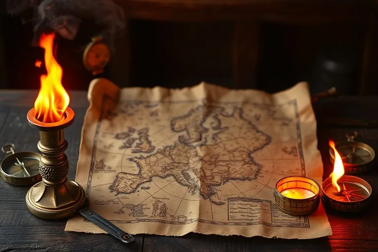 Naturaleza muerta de un pergamino antiguo con un mapa de batalla y una antorcha encendida sobre una mesa de madera, rodeado de brújulas y una brasa brillante.