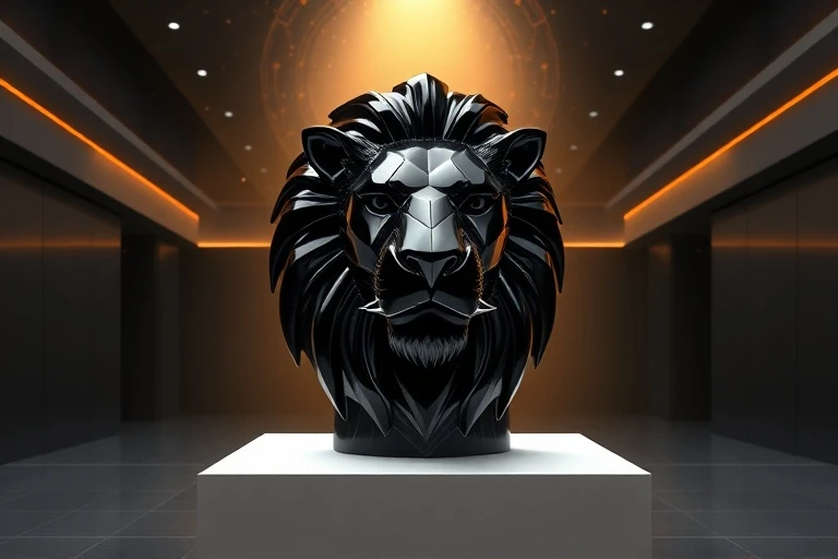Render 3D de una escultura abstracta de cabeza de león de obsidiana pulida sobre un pedestal minimalista, iluminada por un rayo de luz en una galería futurista.