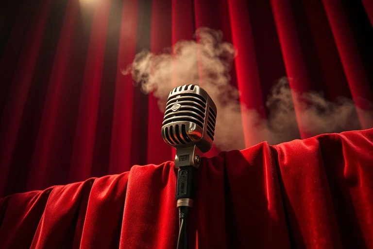 Fotografía cinematográfica de un micrófono antiguo de los años 80 sobre un telón de terciopelo desgastado, iluminado por un foco dramático, con humo sutil de fondo, evocando la energía y el impacto mediático de una era musical vibrante.