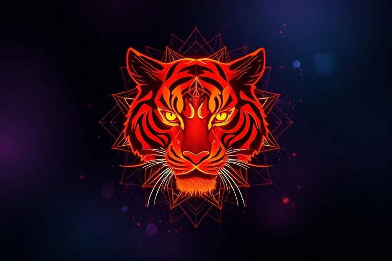 Ilustración digital abstracta con patrones arremolinados de naranjas y rojos intensos que forman la silueta estilizada de una cabeza de tigre, transmitiendo energía y carisma. El fondo es un degradado de azules y morados oscuros, sugiriendo un aura mística y cósmica.