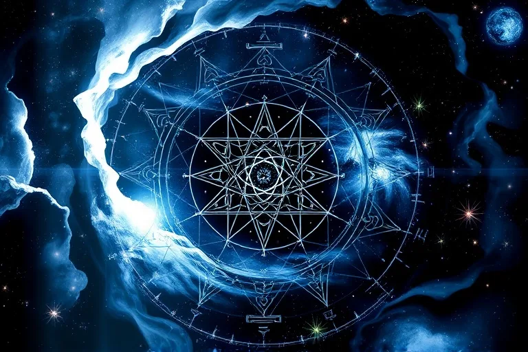 Vórtice de colores oscuros y claros simbolizando la mente consciente e inconsciente, con símbolos ocultos y emergentes