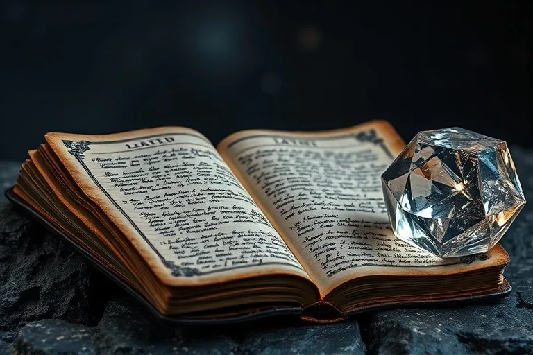 Diario abierto en una superficie de piedra oscura, con páginas escritas a mano y un cristal brillante al lado