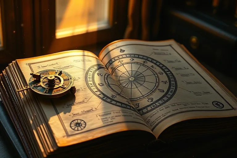 Fotografía cinematográfica de un astrolabio de latón antiguo sobre un libro de astrología abierto, con un rayo de sol iluminando una carta natal dibujada.