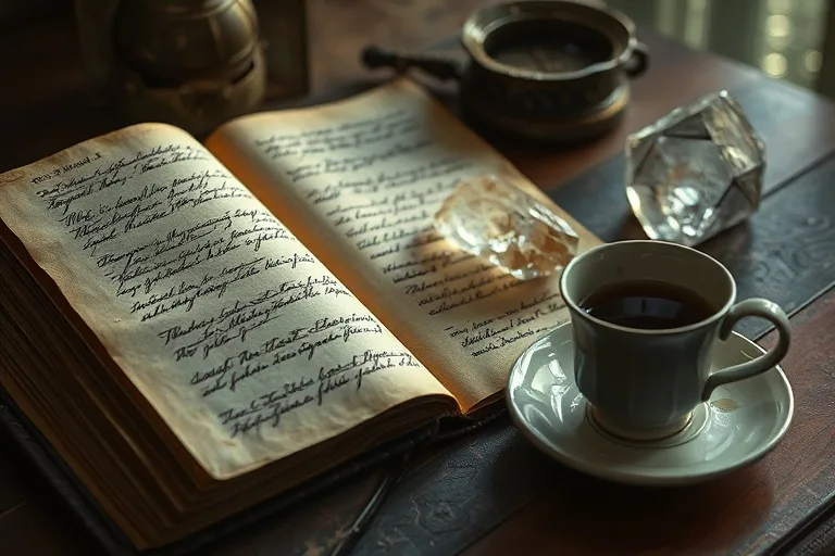 Fotografía cinematográfica de un diario de cuero abierto con escritura borrosa, un cristal de cuarzo y una taza de té a medio beber, todo en un ambiente melancólico y de luz difusa.