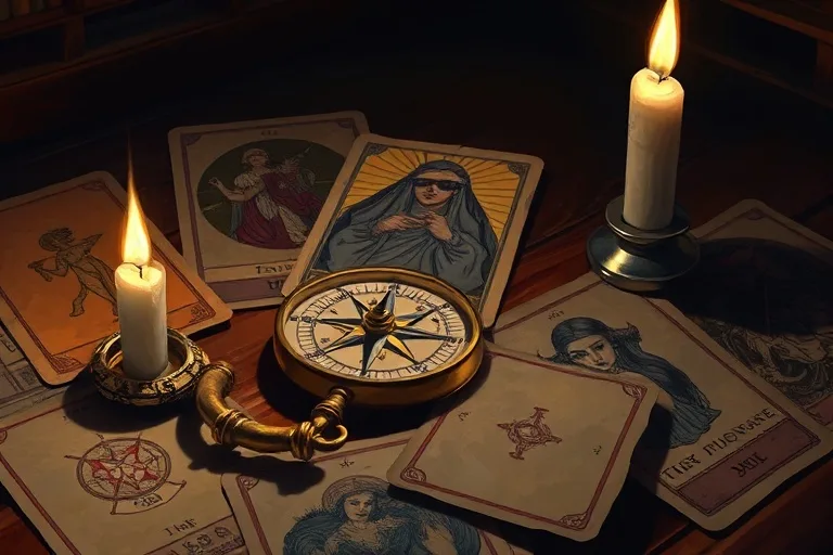 Pintura al óleo de una brújula rota entre cartas de tarot descoloridas, con una figura con los ojos vendados parcialmente visible en una carta. Una vela parpadeante proyecta sombras dramáticas.