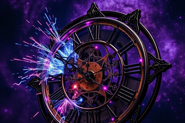 Fotografía cinematográfica de un reloj antiguo roto con chispas eléctricas, simbolizando disrupción e innovación.