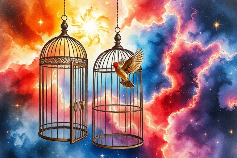 Pintura acuarela de una jaula abierta con un pájaro volando hacia un cielo abstracto y colorido, simbolizando libertad.