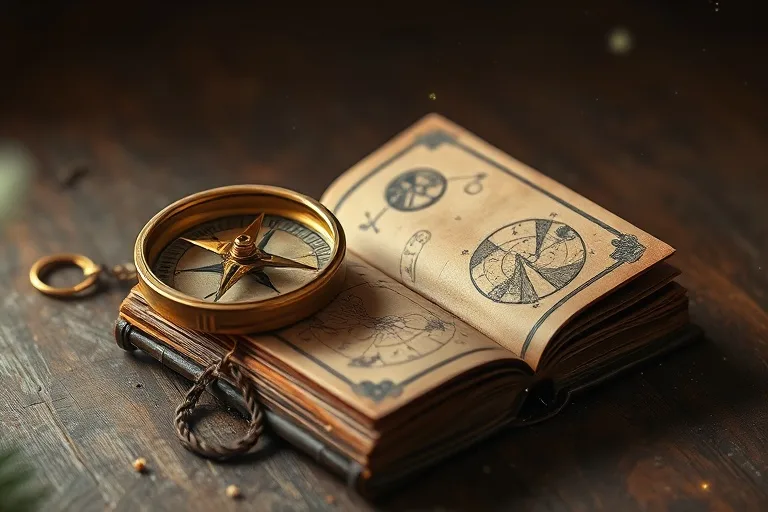 Una brújula vintage apuntando a un libro antiguo con diagramas celestes, simbolizando la búsqueda de conocimiento y oportunidades.