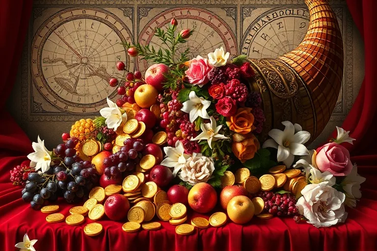 Una cornucopia desbordante de monedas doradas, frutas y flores sobre un terciopelo, con patrones de mapas antiguos de fondo, en estilo de pintura al óleo.