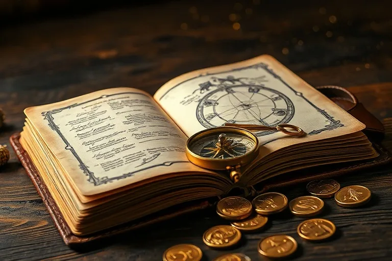 Fotografía de un diario antiguo con un compás y monedas de oro, simbolizando la búsqueda de la sabiduría y la abundancia