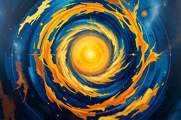 Pintura abstracta al óleo de un vórtice dorado y azul que representa la expansión cósmica