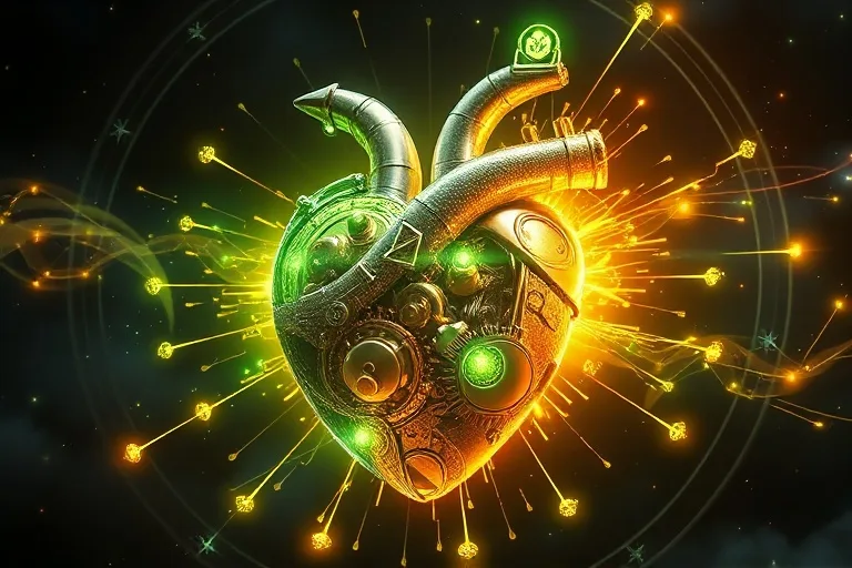 Renderizado 3D de un motor en forma de corazón pulsando con energía verde y dorada