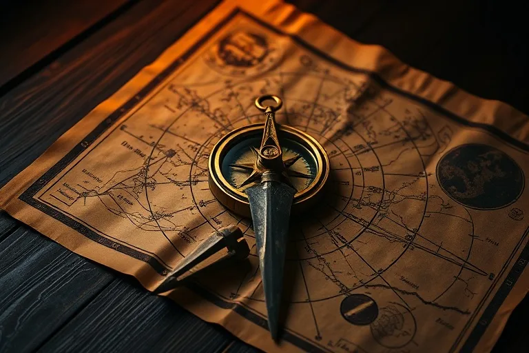 Brújula antigua sobre mesa de madera con mapas y punta de lanza, simbolizando desafíos y la búsqueda de dirección.