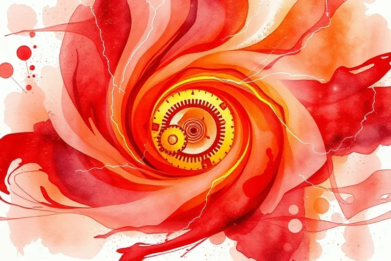 Pintura abstracta de acuarela con remolinos rojos, naranjas y carmesí, con sutiles engranajes de reloj y relámpagos, evocando energía y movimiento.