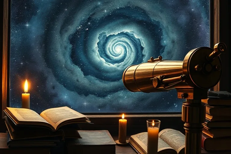 Fotografía cinemática de un antiguo telescopio de latón apuntando a un cielo nebuloso a través de una ventana empolvada, rodeado de libros de misticismo y una vela encendida.