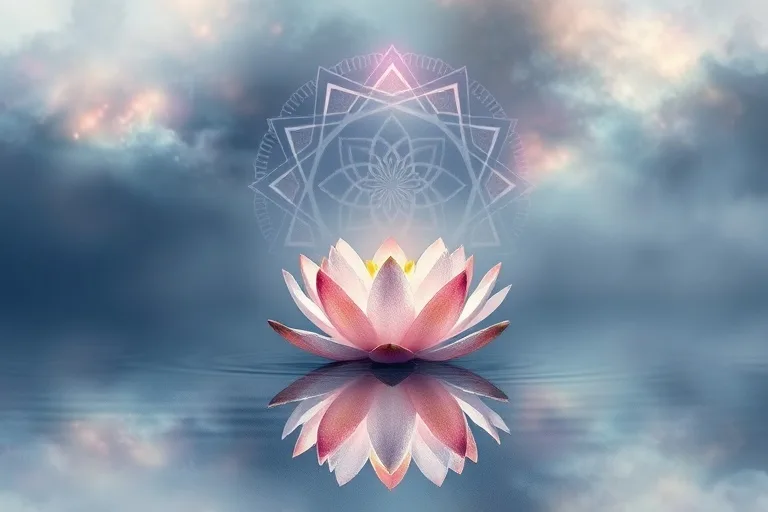 Pintura de acuarela de una delicada flor de loto flotando en agua tranquila y reflectante, rodeada por un aura brumosa y energía espiritual abstracta.