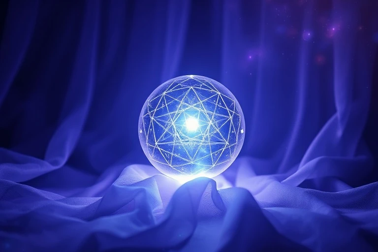 Bola de cristal luminosa sobre velos translúcidos, con luz guía interior, simbolizando la intuición y la claridad.