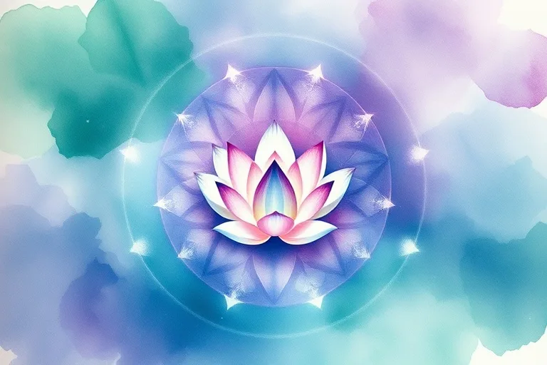 Pintura acuarela abstracta con tonos de verde, lavanda e índigo, con una flor de loto flotando, simbolizando la espiritualidad y la disolución de límites.